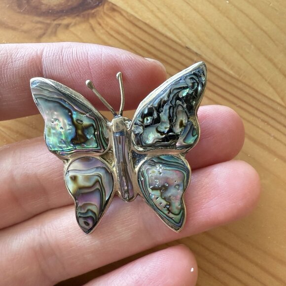 Silver Brooch Pin Butterfly Abalone Shell Alpaca Mexico Fairy Whimsical - Picture 2 of 4